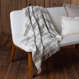 NEW $495 alicia adams alpaca Wellington Fringe Checkered Plaid Throw Ivory/Beige